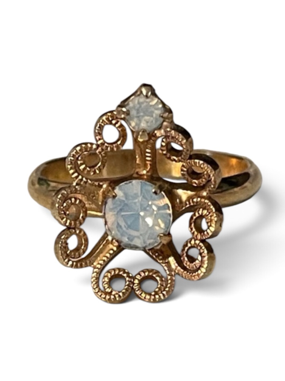 Vintage Opalite Glass Intricate Gold-Tone Filigree Adjustable Cocktail Ring